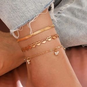 3 pcs Heart Butterfly Charm Anklet Set Golden Chain